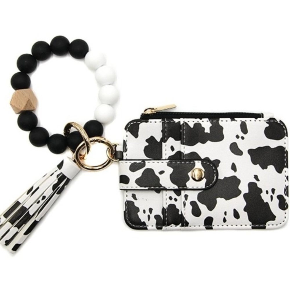 Cowhide print silicone beaded wristlet ID holder lightweight detach wallet New - Picture 2 of 5